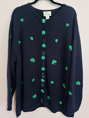 Quacker Factory Shamrock Cardigan 3X Navy St Patricks Day Cottagecore Teacher